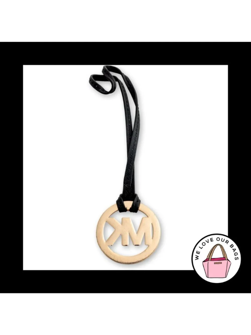 MICHAEL KORS Gold Brass Black Leather Loop Strap Bag Charm Hang Tag Keychain Fob